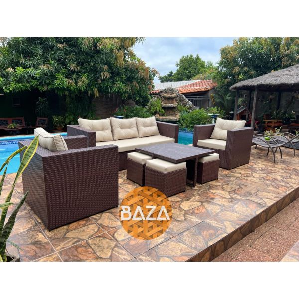 SOFA CLASICO RATTAN DE 5 LUGARES + MESA CON 4 PUFF BAZA MARRON TRADICIONAL