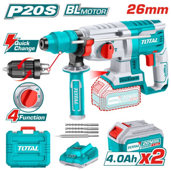 ROTOMARTILLO A BATERIA 20V 26MM CON ADAPTADOR MANDRIL TALADRO 2BAT/CAR TOTAL TRHLI202289 