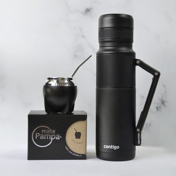 COMBO MATERO CONTIGO TERMO NEGRO 1.1LTS. C/ MANIJA + GUAMPA PAMPA + BOMBILLA INOX