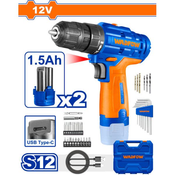 TALADRO ATORN A BATERIA 12V TIPO C  2BAT WADFOW WCDS525 