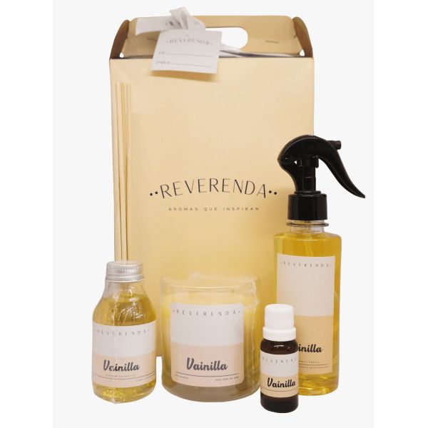 BOX VAINILLA REVERENDA DIF. 100ML + VELA 200GR + ACEITE ES 20ML + H. SPRAY 250ML