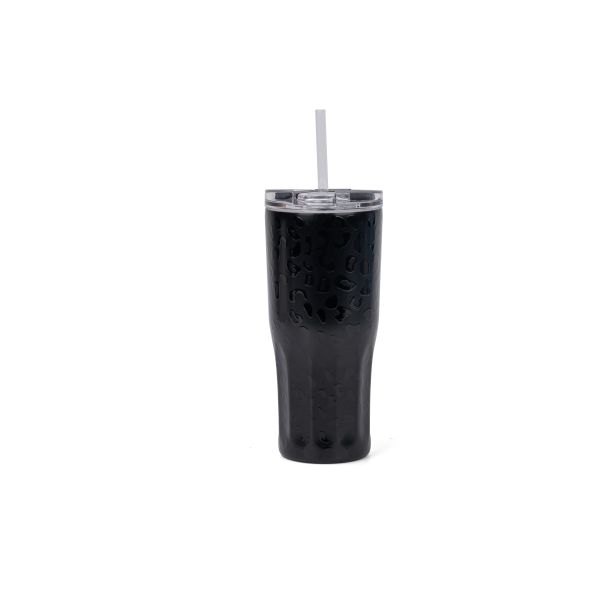 TERMO ANTIDERRAME 600ML. CON PAJITA LEOPARDO NEGRO
