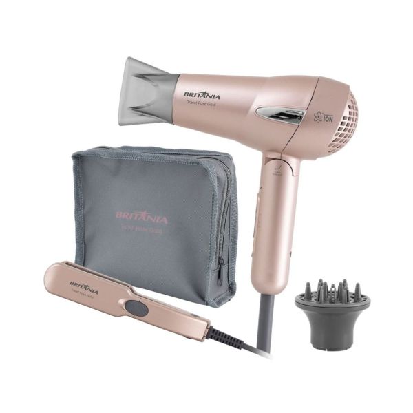 COMBO SECADOR + PLANCHITA RIZADORA BRITANIA KIT TRAVEL ROSE GOLD