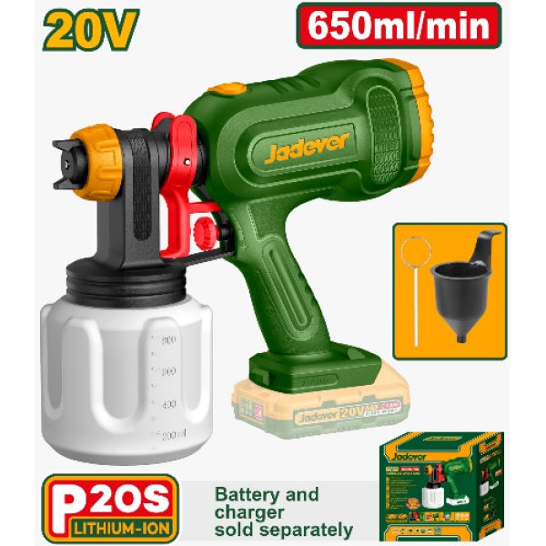 PISTOLA DE PINTAR 650ML/MIN 20V + ACC. SIN BATERIA. JADEVER JDSU3066