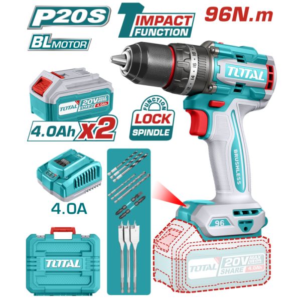 TALADRO DE IMPACTO (PERCUTOR) A BATERIA 20V 96NM BL 2BAT CAR TOTAL TIDLI20968