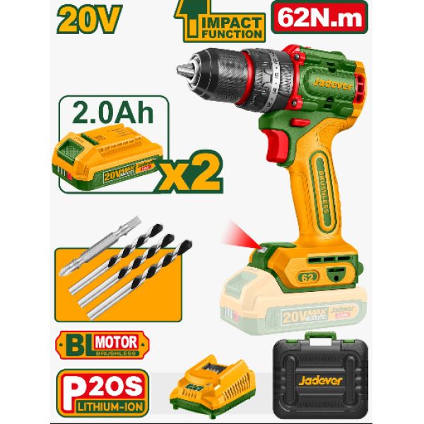 TALADRO PERCUTOR 13MM BL. 62NM 2X BAT. 20V 2AH (COMPACT) (M) JADEVER JDCDP6281