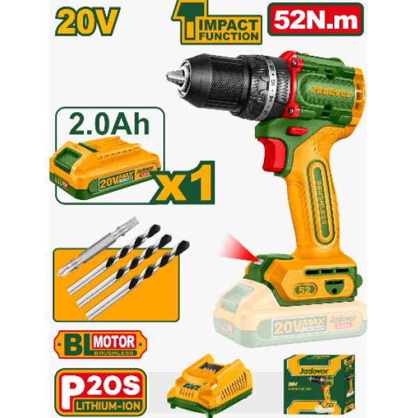 TALADRO PERCUTOR 13MM BL. 52NM 1X BAT. 20V 2AH (COMPACT) (M) JADEVER JDCDP5282
