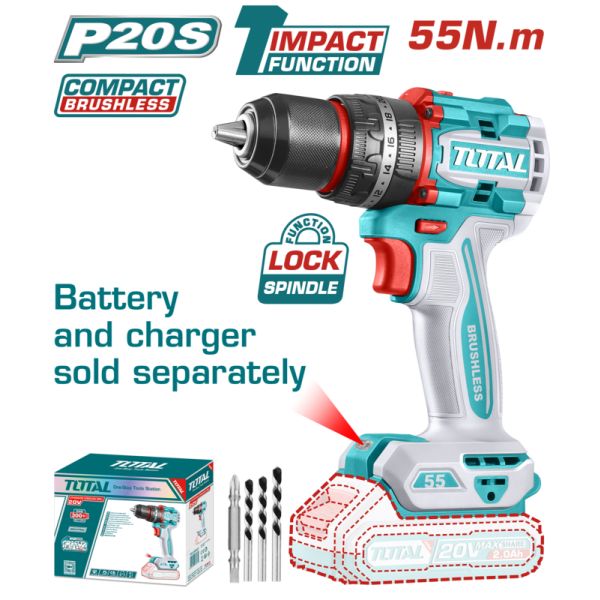 TALADRO DE IMPACTO PERCUTOR A BATERIA 20V 55NM COMPACTO BL  SIN BAT TOTAL TIDLI205581 