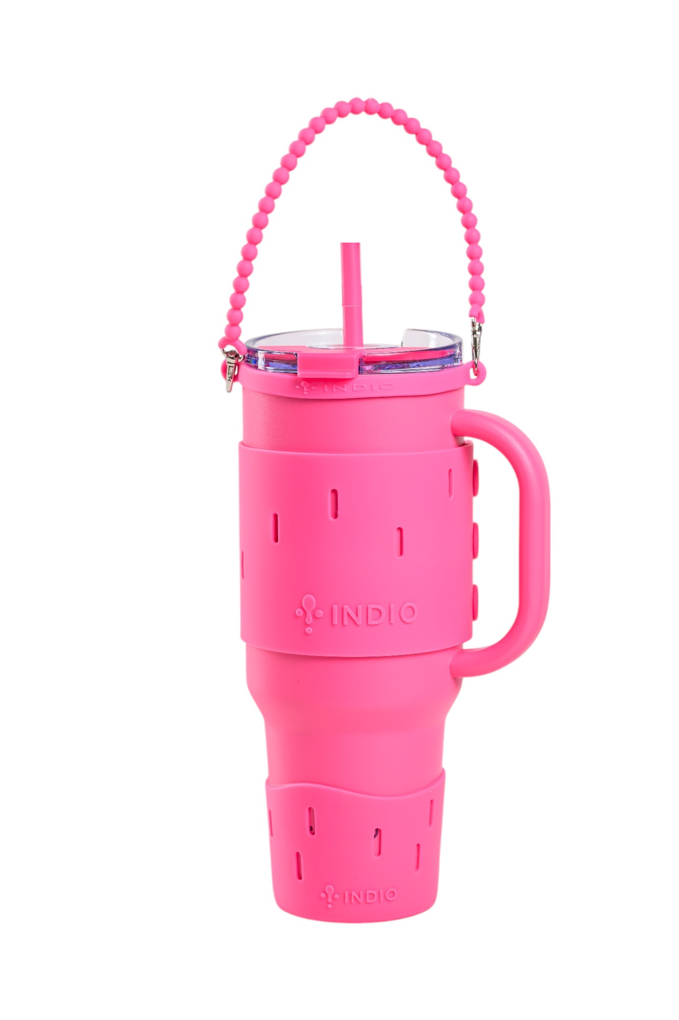 VASO VIAJERO INDIO FUCSIA ACERO INOX CON SKIN, MANIJA Y PAJITA 1,1L 