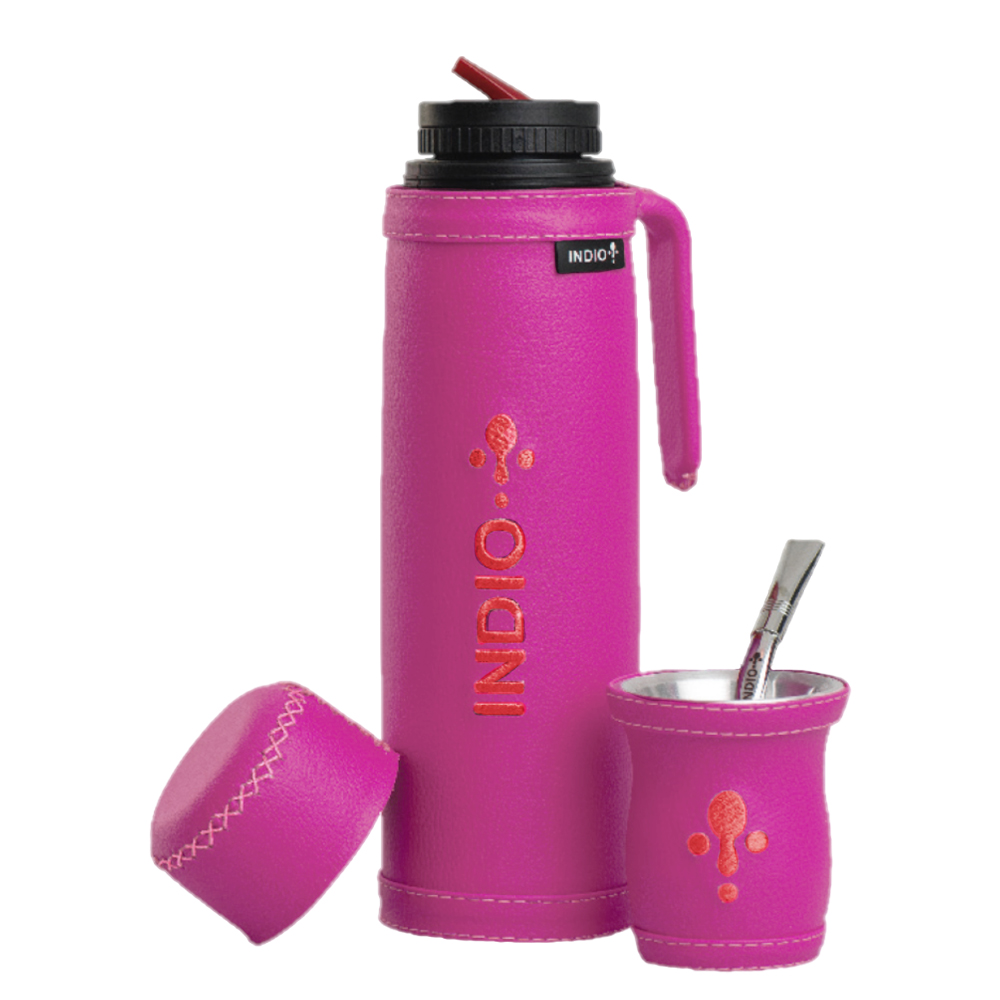 TERMO SET DE INVIERNO MATERO INDIO 1 LITRO SIMIL CUERO FUCSIA + GUAMPA + BOMBILLA 
