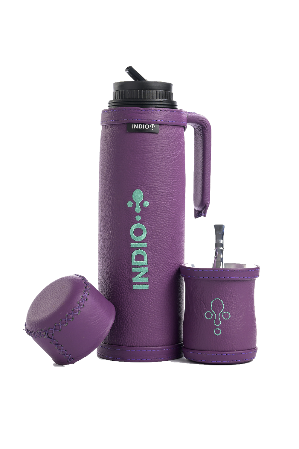 TERMO SET DE INVIERNO MATERO INDIO CUERO PREMIUM 1 LITRO CUERO LILA + GUAMPA + BOMBILLA