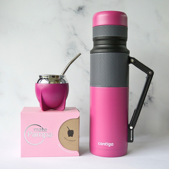 COMBO MATERO CONTIGO TERMO ROSA 1.1LTS. C/ MANIJA + GUAMPA PAMPA + BOMBILLA INOX