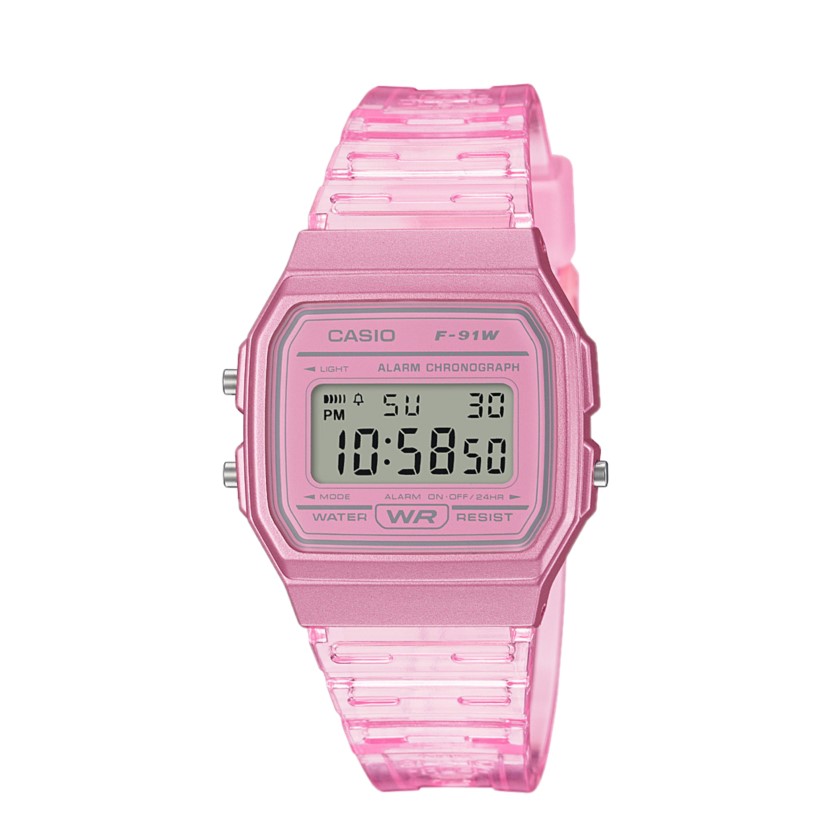 RELOJ CASIO CON MALLA DE CAUCHO ROSADO TRANSLUCIDO F-91WS-4DF