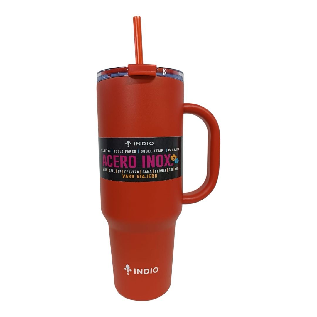 VASO TERMICO INDIO ACERO INOX VIAJERO NARANJA C/ MANIJA Y PAJITA 1,1L 