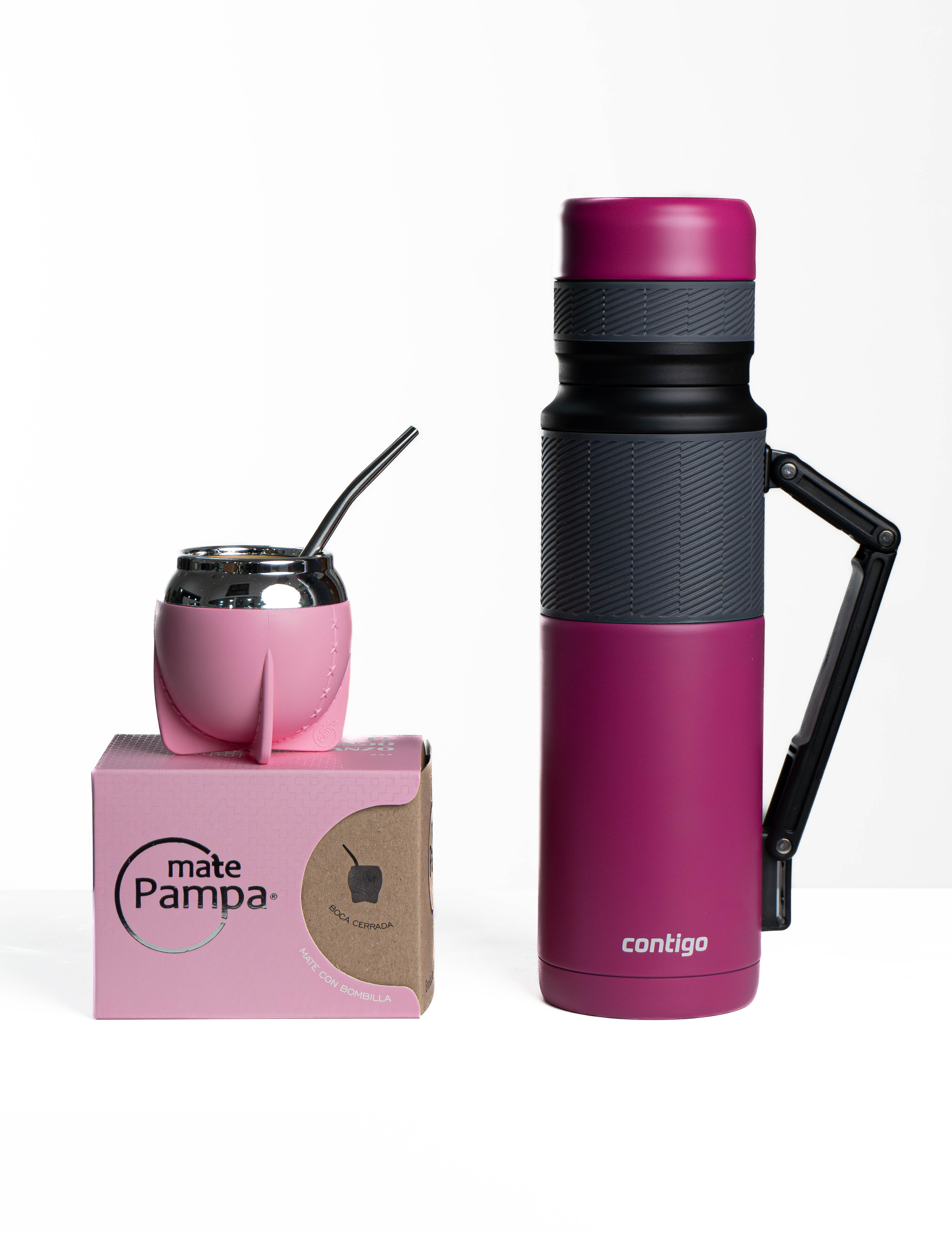 COMBO MATERO CONTIGO TERMO ROSA 1.1LTS. C/ MANIJA + GUAMPA PAMPA + BOMBILLA INOX