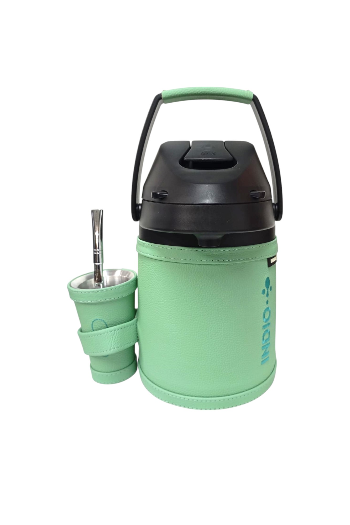 TERMO TERERE INDIO ACERO INOX 2.5 LTS. CUERO VERDE TIFFANY + GUAMPA + BOMBILLA