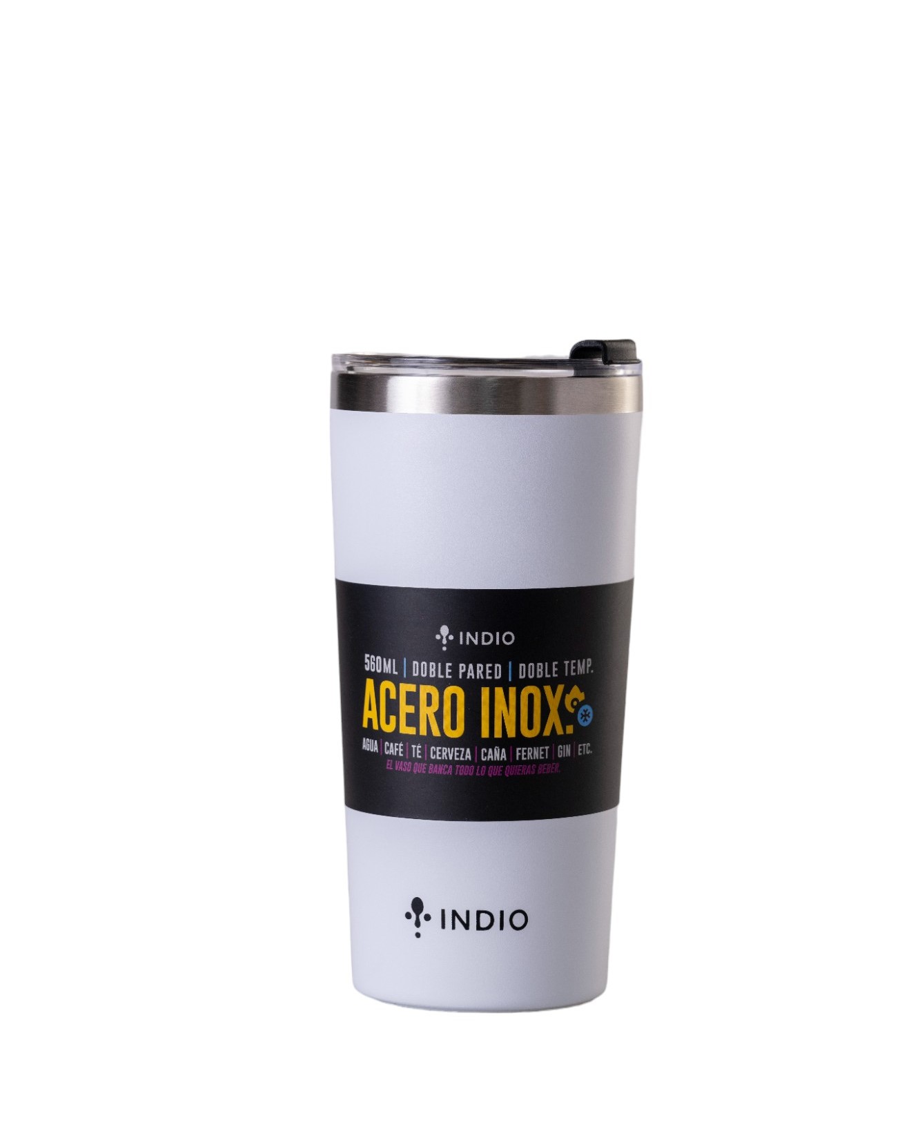 VASO TERMICO INDIO BLANCO ACERO INOX. TAPA HERMETICA CON ABRIDOR 560ML