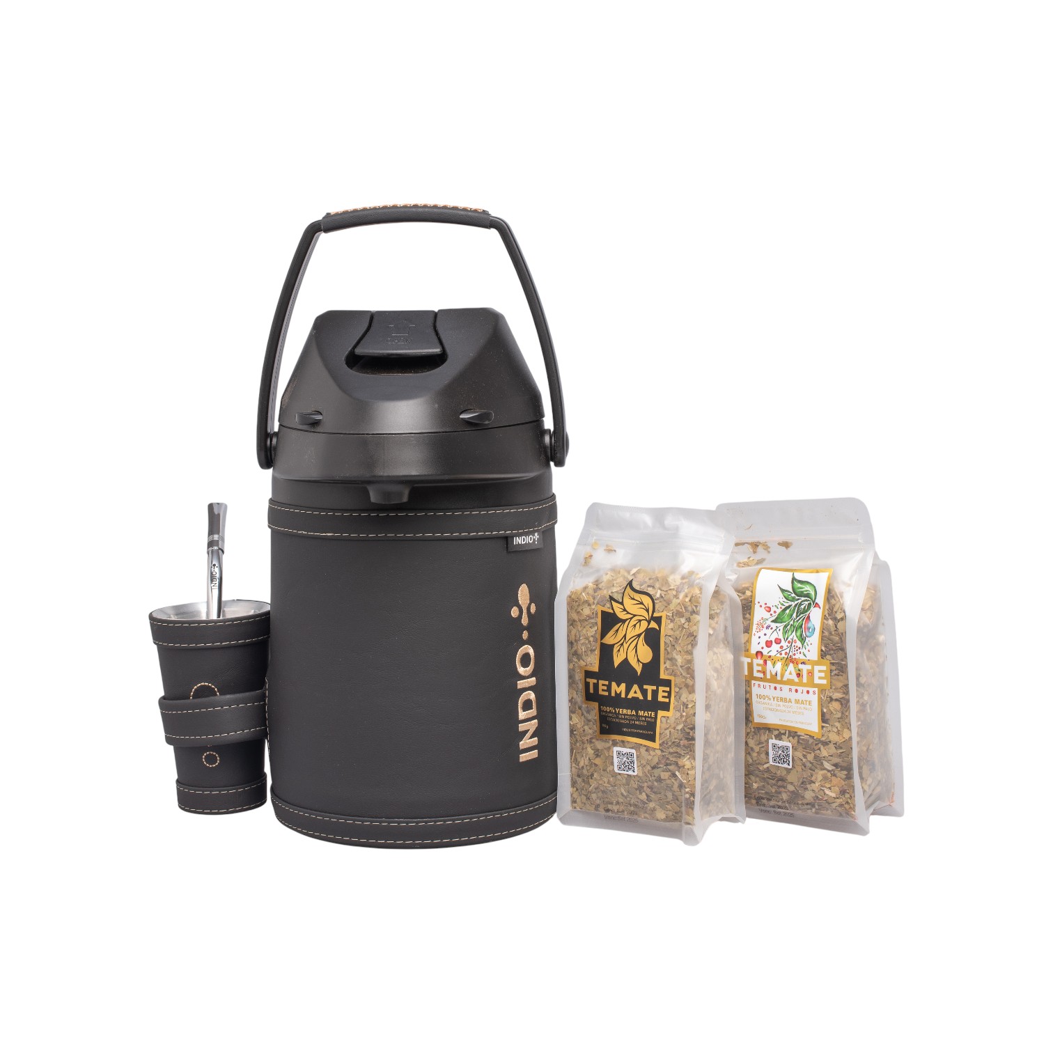 TERMO TERERE INDIO ACERO INOX 2.5 LTS. SIMIL CUERO PREMIUM NEGRO + GUAMPA + BOMBILLA + 2 YERBAS TEMATE