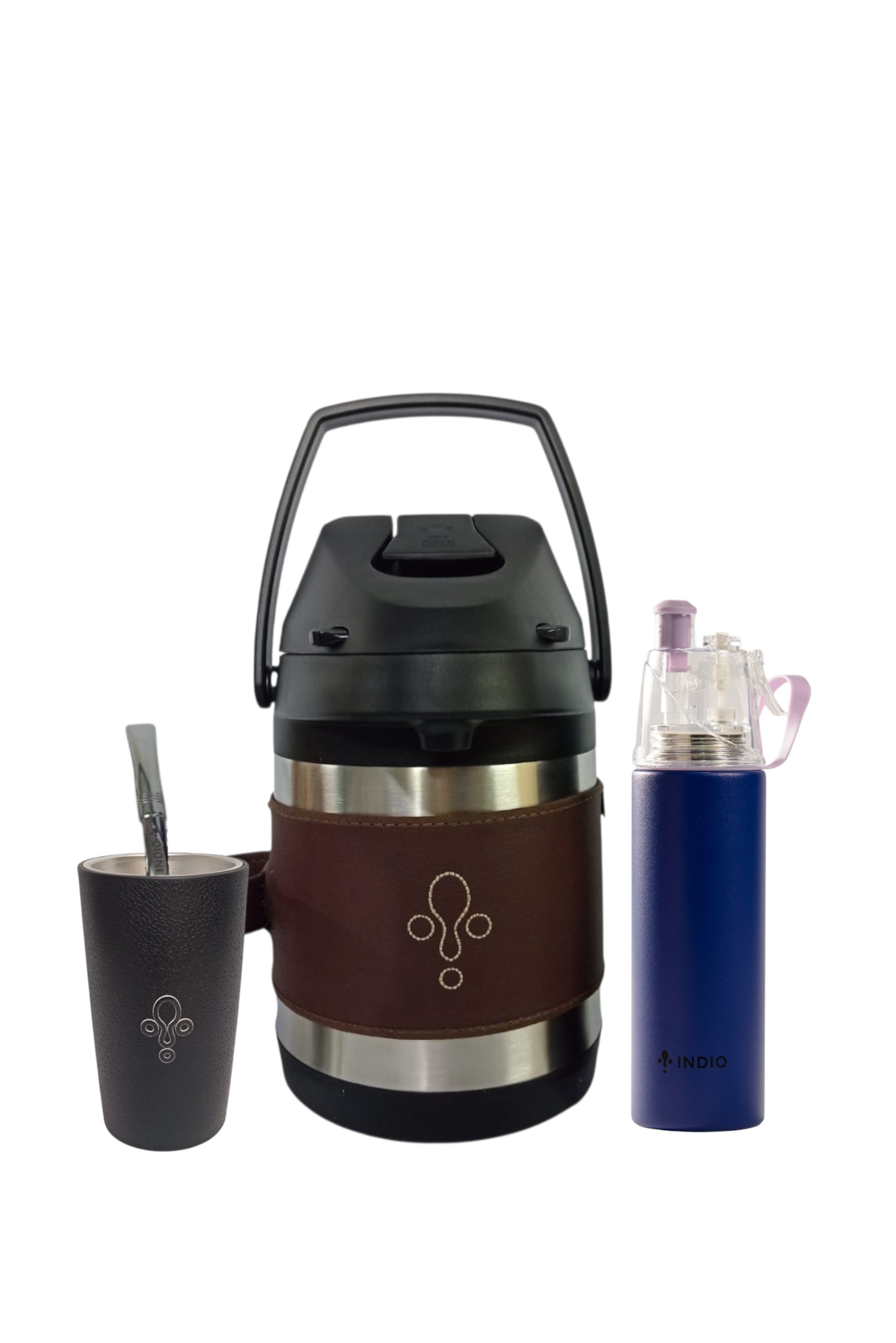 TERMO INDIO 2,5LTS. FRIO/CALOR FAJA CUERO MARRON CHOC. GUAMPA NEGRA, BOMBILLA ALPACA + BOTELLA SPLASH 500ML DE REGALO