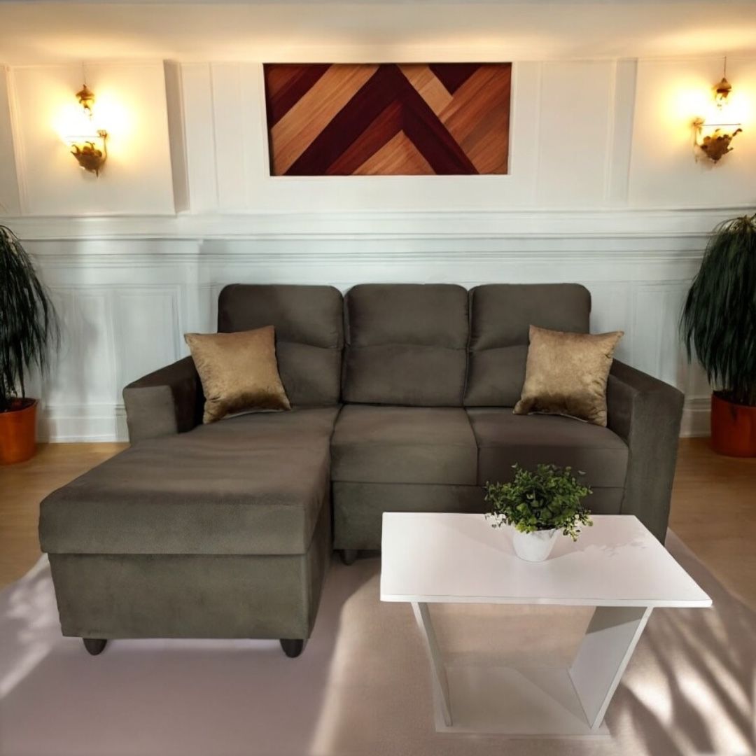 SOFA UNANIME SAN LORENZO MARRÓN 2 LUGARES +CHAISE + 2 ALMOHADAS + MESA