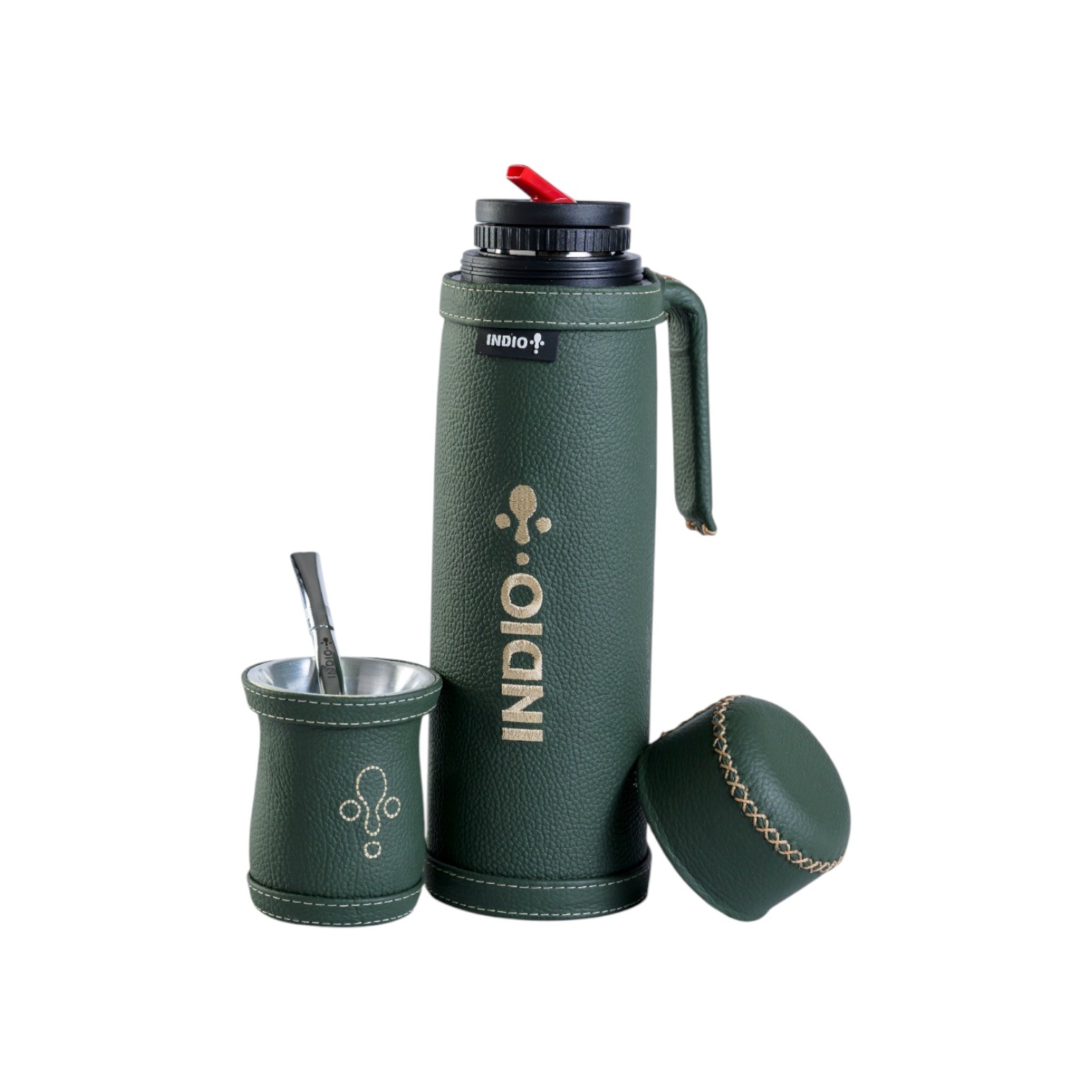 TERMO SET DE INVIERNO MATERO INDIO CUERO PREMIUM 1 LITRO VERDE INGLES+ GUAMPA + BOMBILLA
