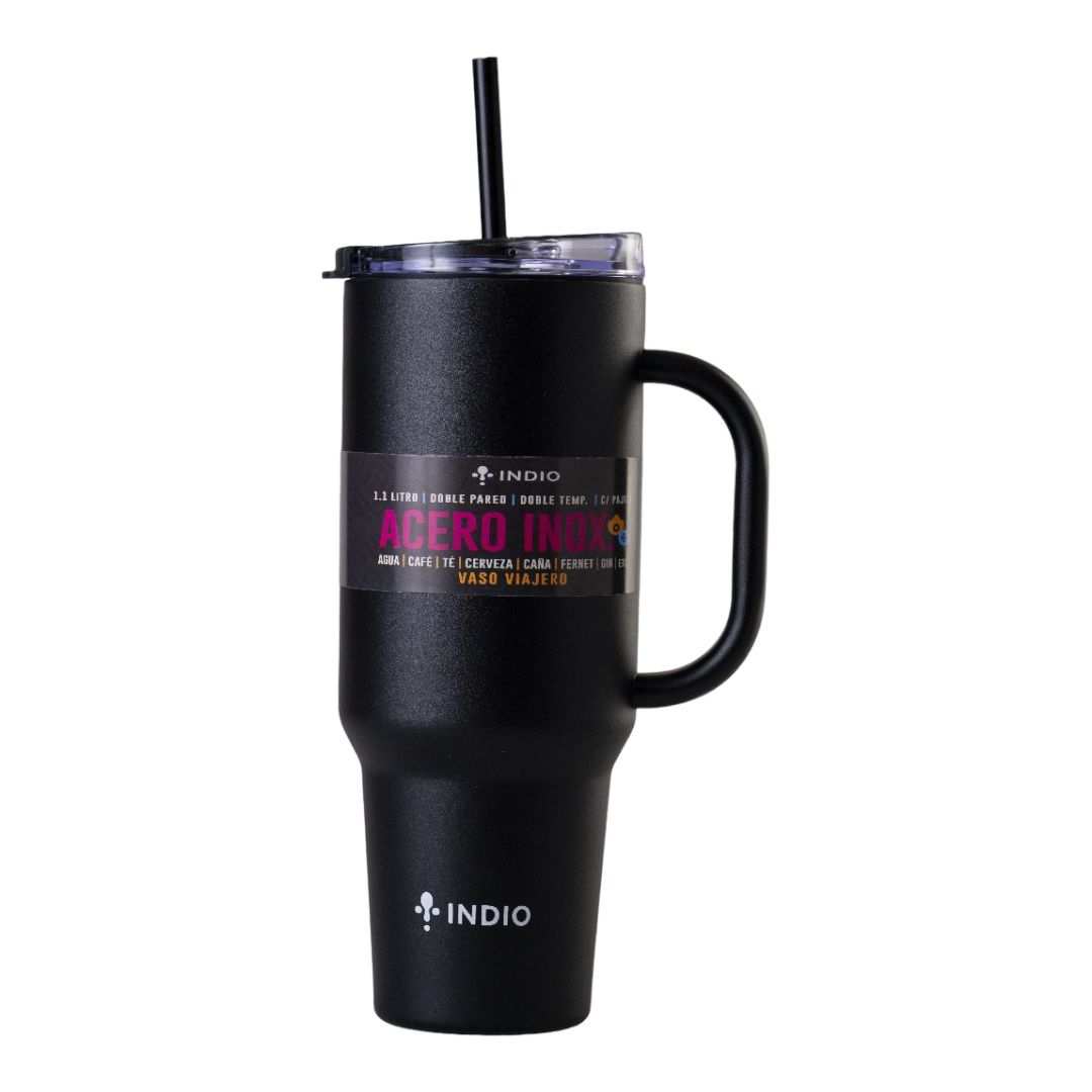 VASO TERMICO INDIO ACERO INOX VIAJERO NEGRO C/ MANIJA Y PAJITA 1,1L 
