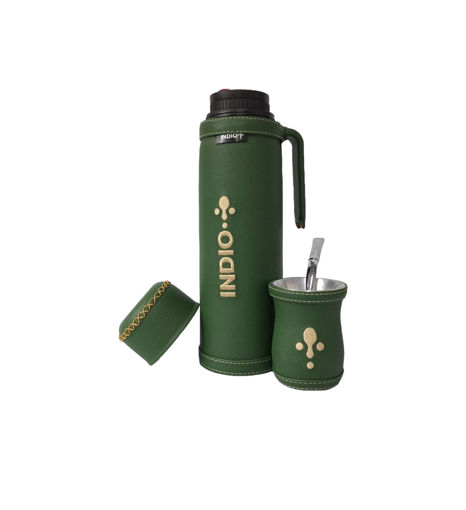 TERMO SET DE INVIERNO MATERO INDIO 1 LITRO SIMIL CUERO VERDE INGLES + GUAMPA + BOMBILLA 