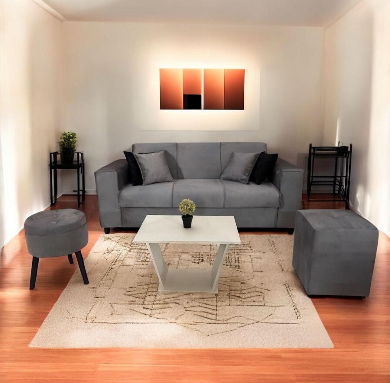 SOFA UNANIME SAN JUAN GRIS 3 LUGARES + 2 PUFF + 4 ALMOHADAS + MESITA