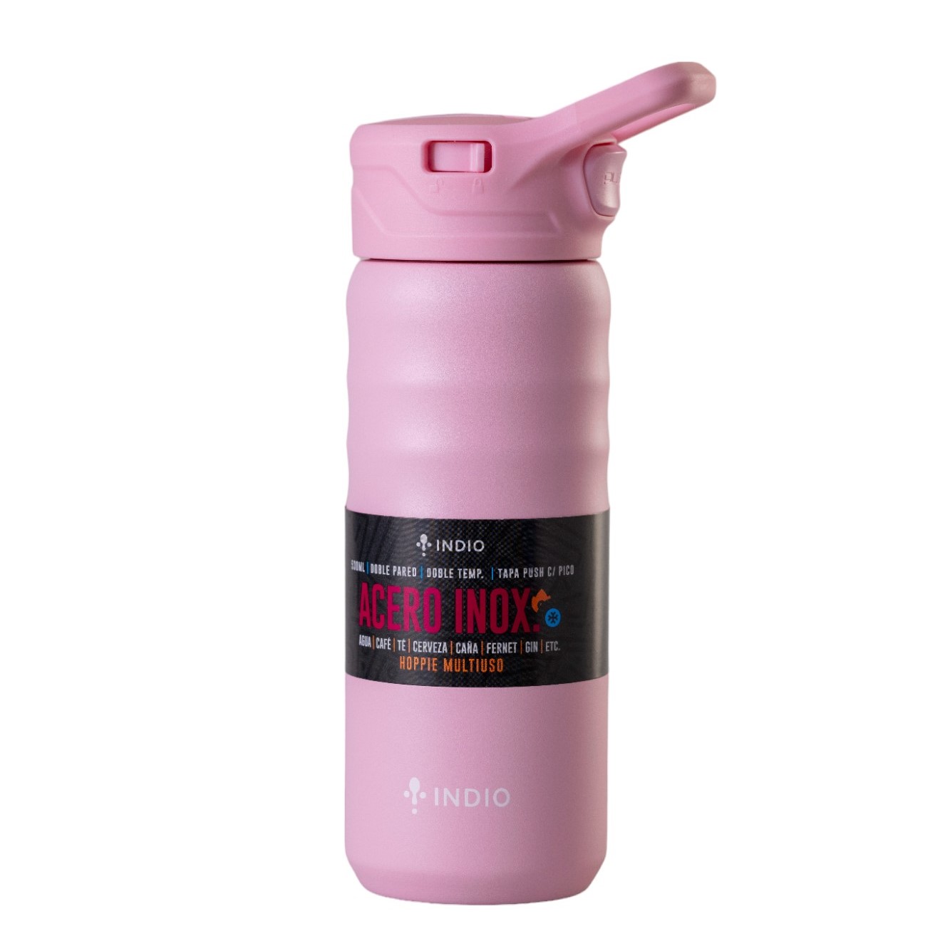 BOTELLA INDIO ACERO INOX. 530ML TAPA PUSH C/ PICO ROSA