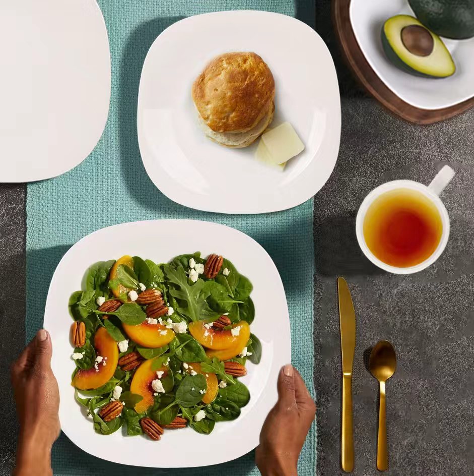 JUEGO DE VAJILLA 16 PIEZAS C/ PLATOS CUADRADOS KUPS DE VIDRIO OPAL NFP-16T