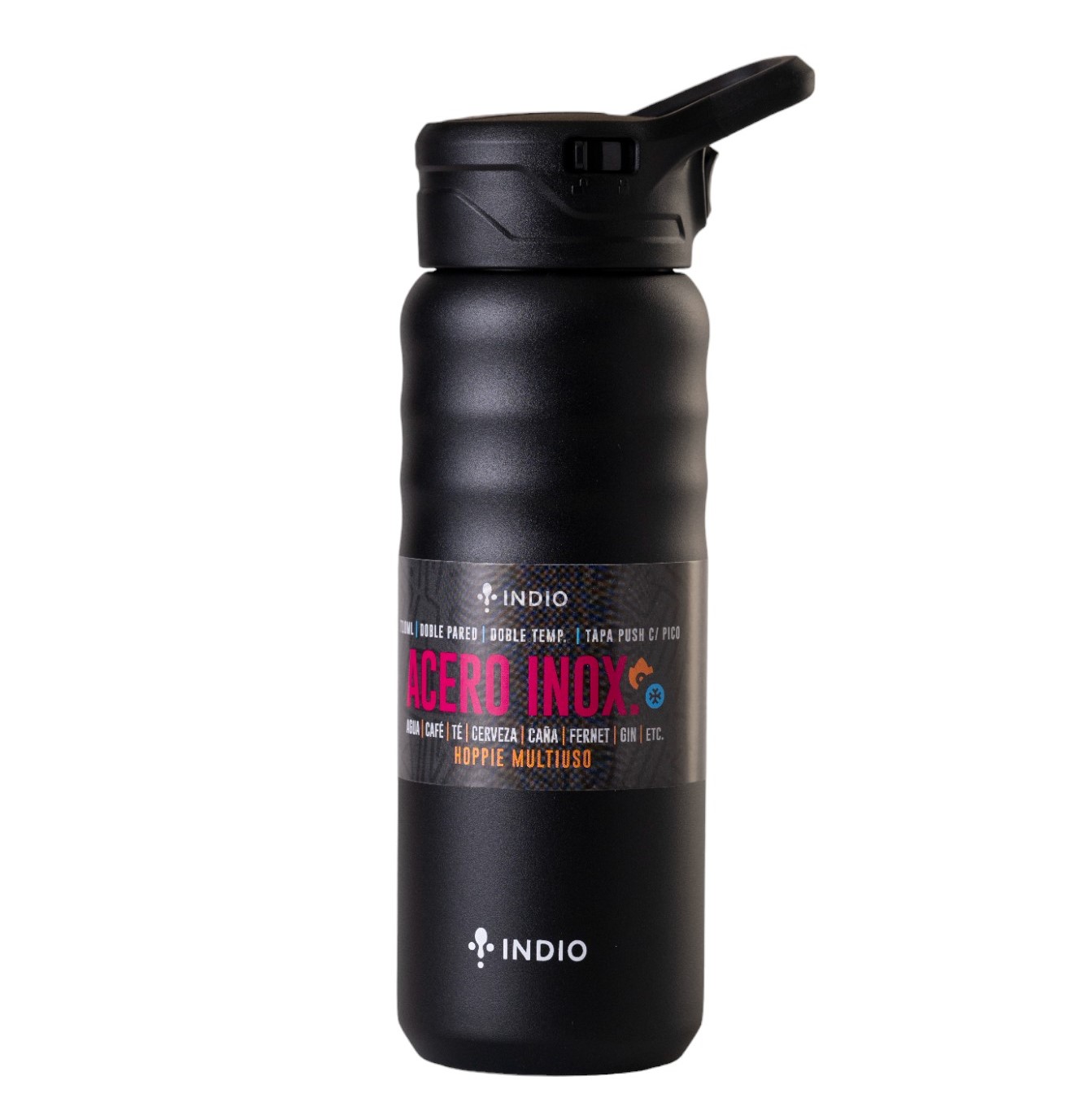 BOTELLA INDIO NEGRO 710ML ACERO INOX. TAPA PUSH C/ PICO