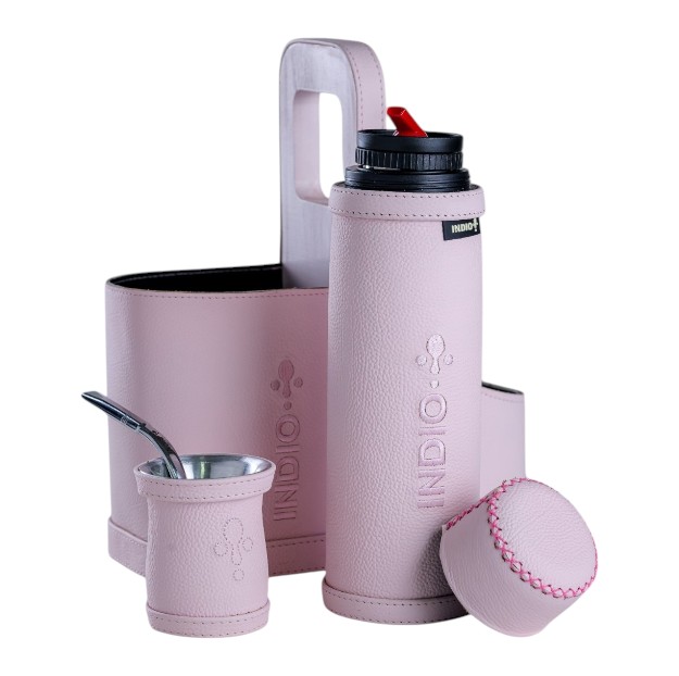 COMBO MATERO INDIO CUERO ROSA + PORTA MATE + GUAMPA + BOMBILLA