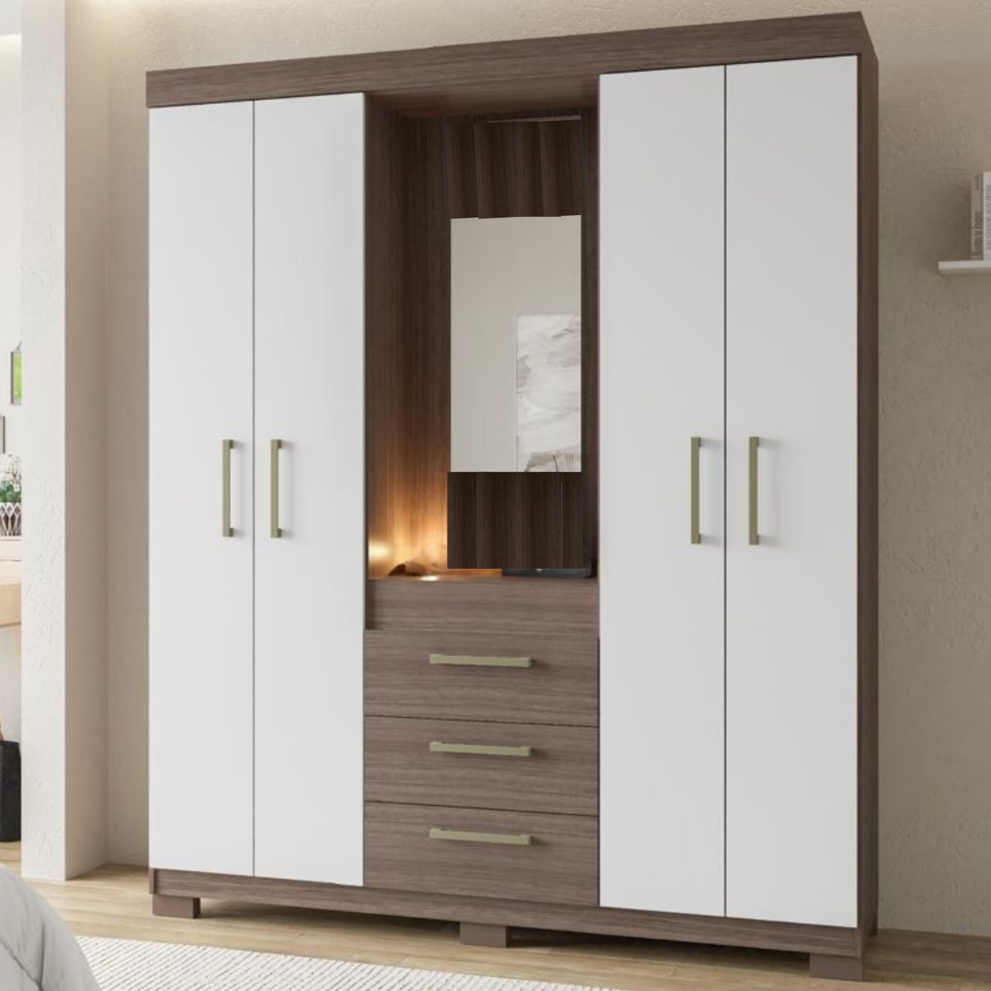 ROPERO SERENO CAPELINHA MOVELMAX 4 PUERTAS 3 CAJONES CON ESPEJO MALBEC OFF WHITE