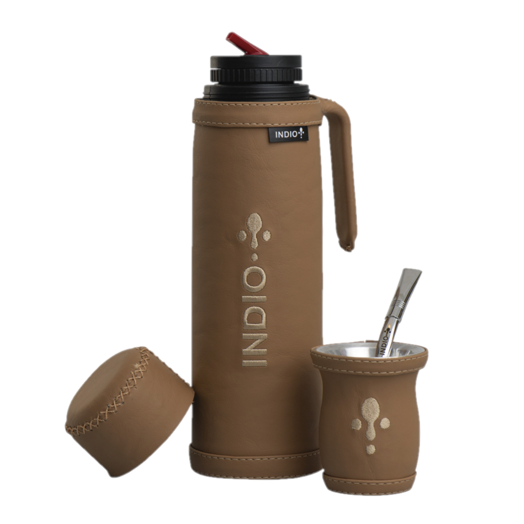 TERMO SET DE INVIERNO MATERO INDIO 1 LITRO SIMIL CUERO MARRON SUELA + GUAMPA + BOMBILLA 