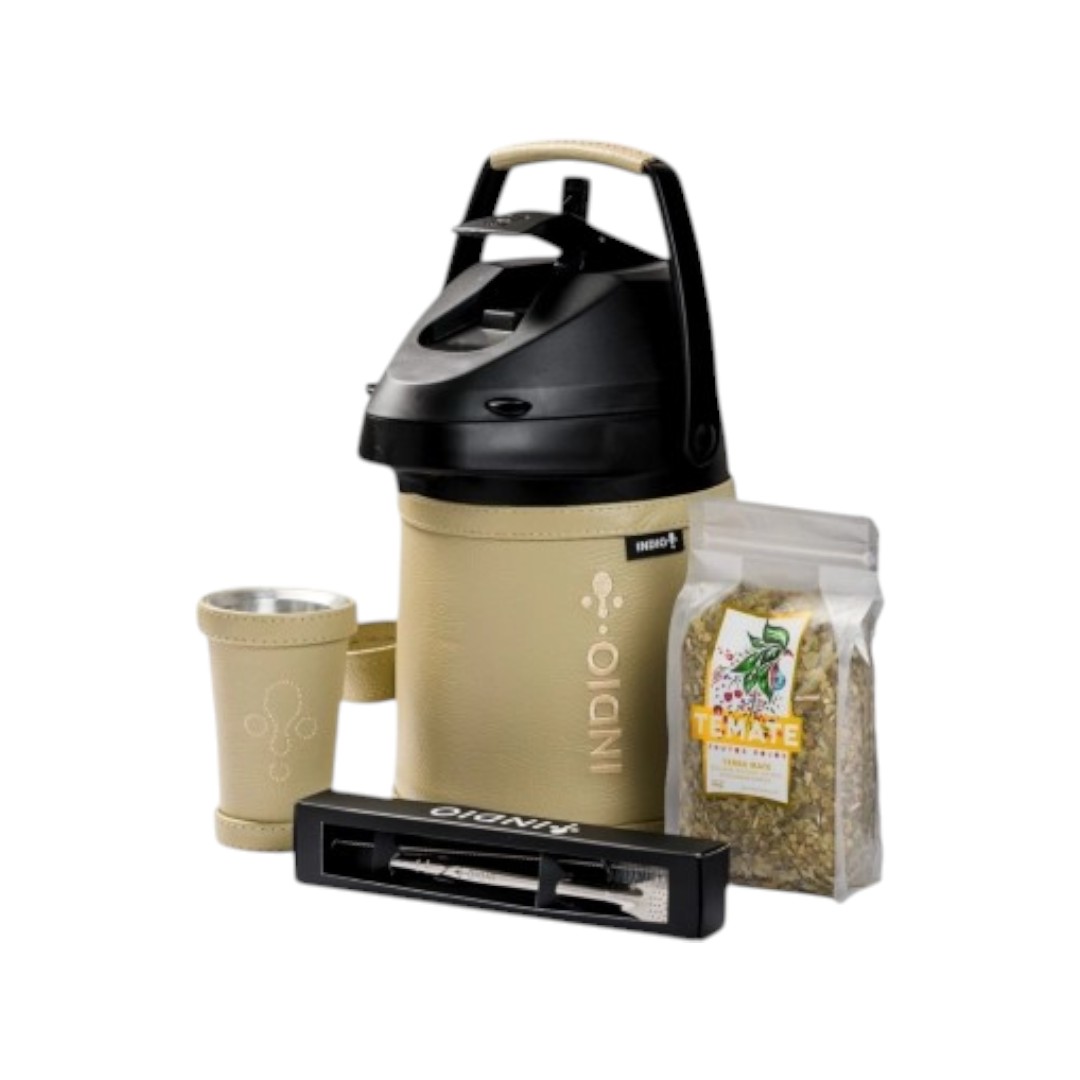 TERMO INDIO AC. INOX 2.5 LTS. CUERO PREMIUN BEIGE BRILLOSO + GUAMPA + BOMBILLA