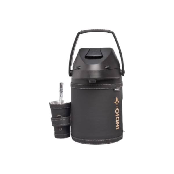 TERMO TERERE INDIO ACERO INOX 2.5 LTS. SIMIL CUERO PREMIUM NEGRO + GUAMPA + BOMBILLA