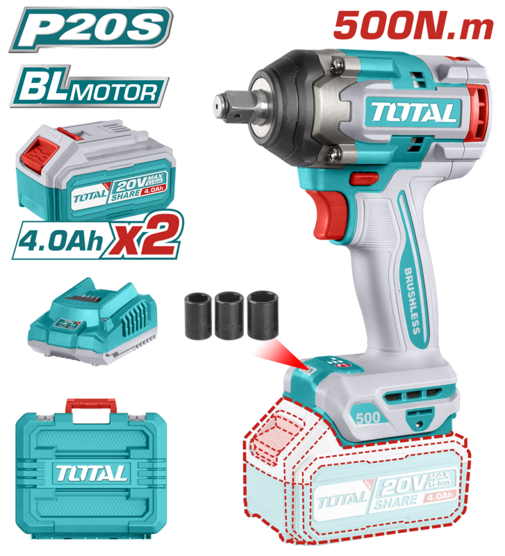 LLAVE DE IMPACTO A BATERIA 20V 500NM BL  2BAT/CAR TOTAL TIWLI2050  