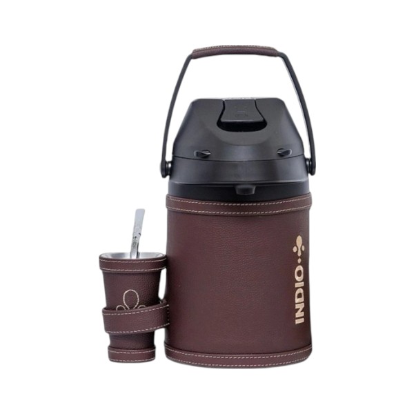 TERMO TERERE INDIO ACERO INOX 2.5 LTS. CUERO MARRÓN CHOCOLATE + GUAMPA + BOMBILLA