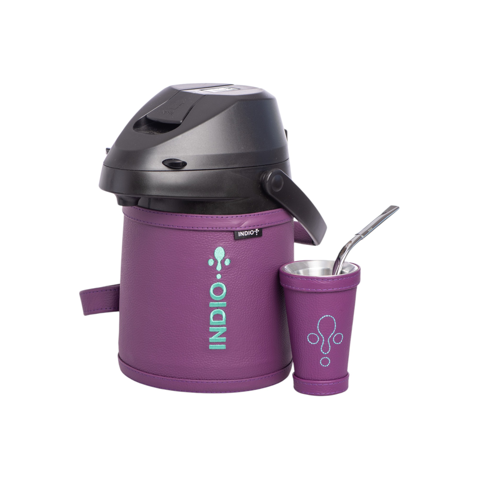 TERMO TERERE INDIO ACERO INOX 2.5 LTS. CUERO PREMIUN LILA + GUAMPA + BOMBILLA
