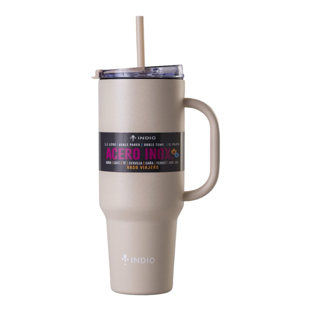VASO TERMICO INDIO ACERO INOX VIAJERO NUDE C/ MANIJA Y PAJITA 1,1L 