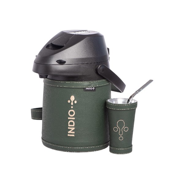 TERMO TERERE INDIO ACERO INOX 2.5 LTS. CUERO PREMIUN VERDE INGLES + GUAMPA + BOMBILLA