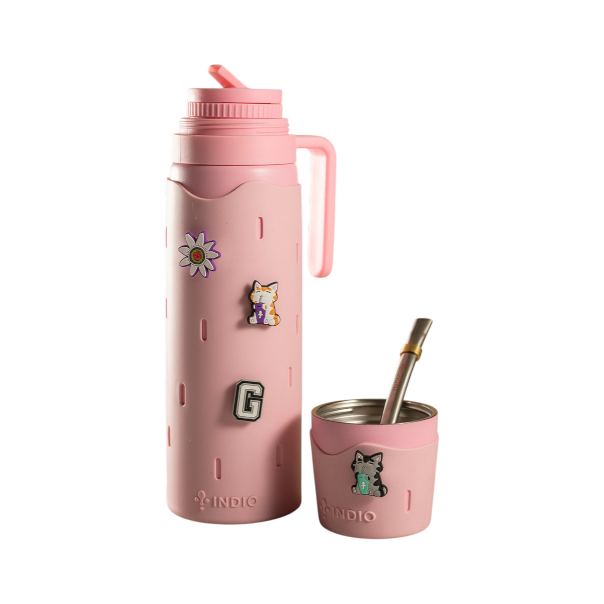 TERMO MATERO INDIO SKIN ROSA 1 LITRO + GUAMPA + BOMBILLA ACERO INOXIDABLE