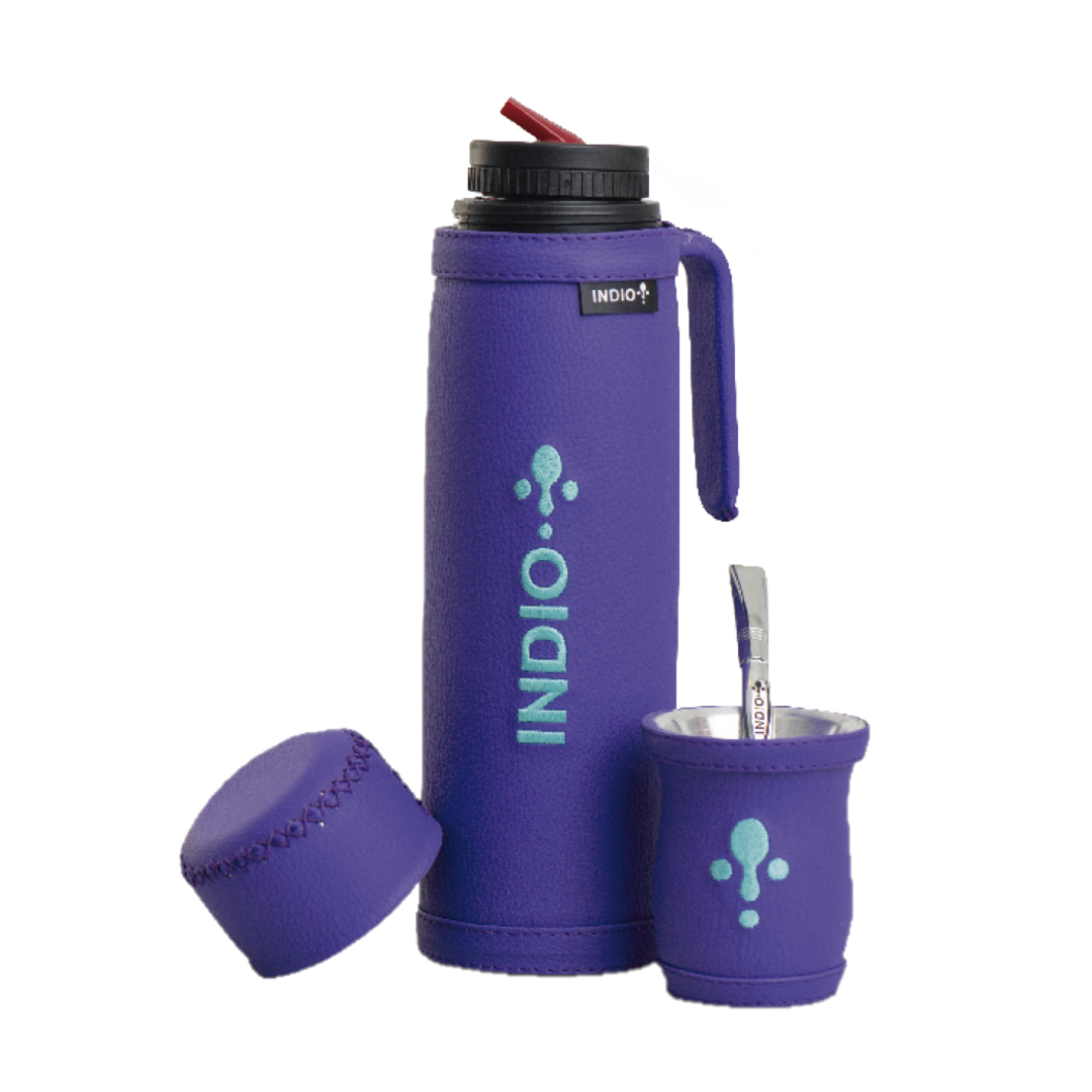 TERMO SET DE INVIERNO INDIO MATERO 1 LITRO SIMIL CUERO LILA + GUAMPA + BOMBILLA