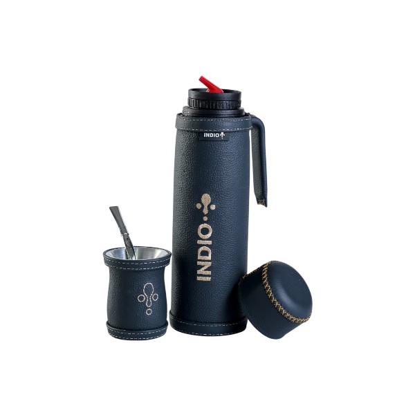 TERMO SET DE INVIERNO MATERO INDIO CUERO PREMIUM 1 LITRO CUERO AZUL MARINO + GUAMPA + BOMBILLA