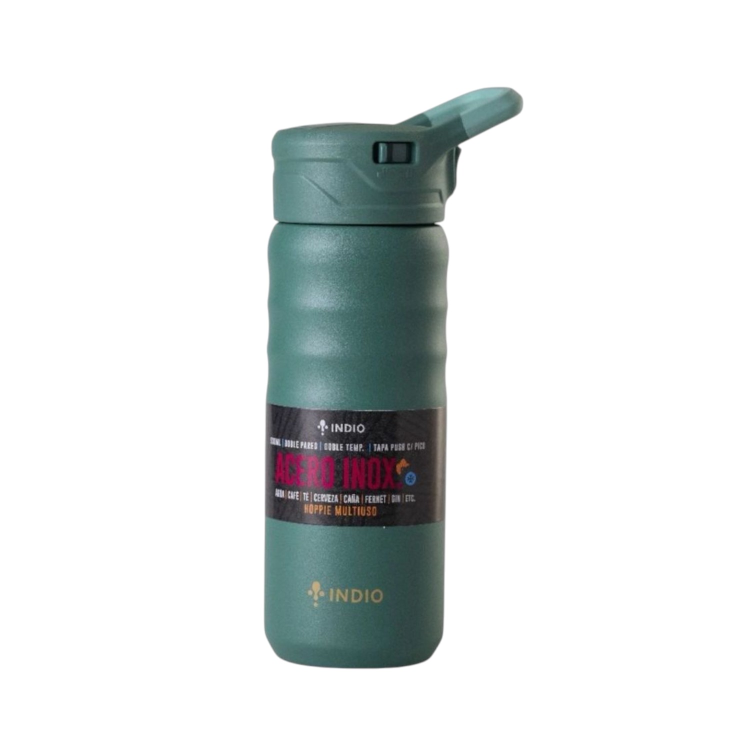 BOTELLA INDIO ACERO INOX. 530ML TAPA PUSH C/ PICO VERDE