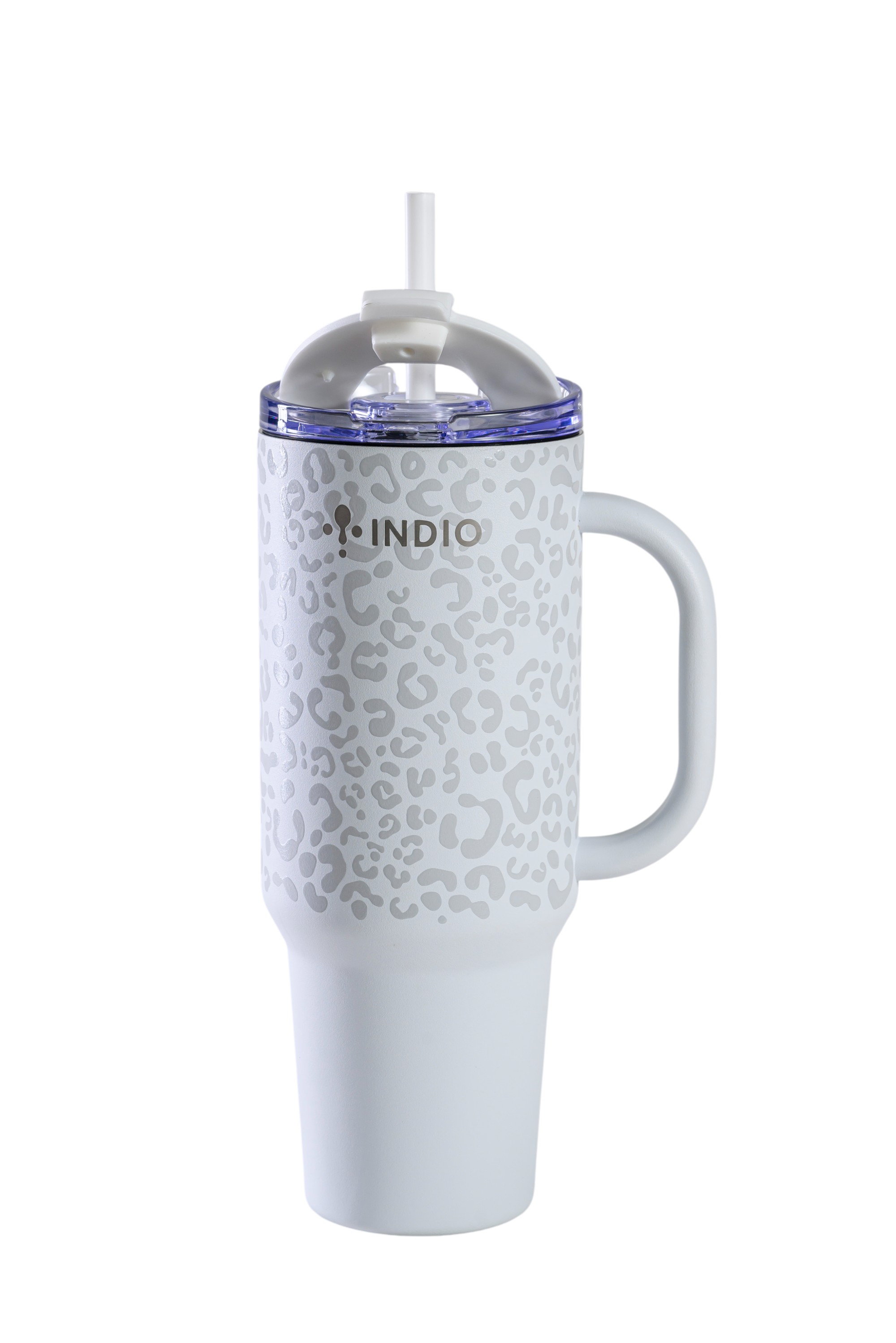 VASO TERMICO INDIO ACERO INOX VIAJERO LEOPARDO BLANCO C/ MANIJA Y PAJITA 1,1L