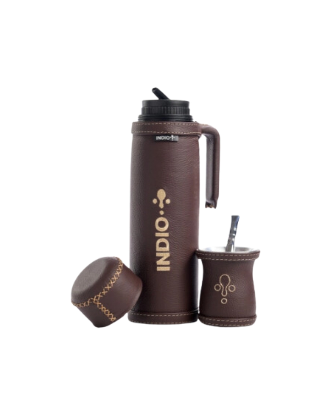 TERMO SET DE INVIERNO MATERO INDIO CUERO PREMIUM 1 LITRO MARRON CHOCOLATE + GUAMPA + BOMBILLA