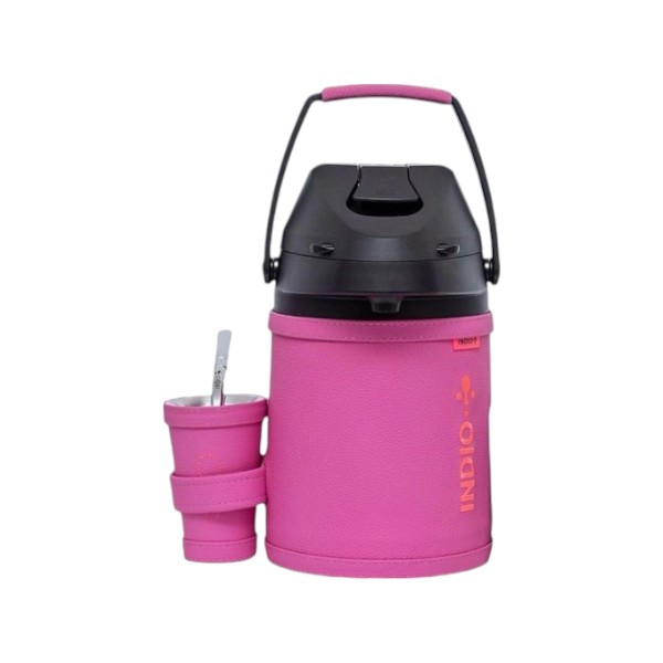 TERMO TERERE INDIO ACERO INOX 2.5 LTS. CUERO PREMIUN ROSA OSCURO + GUAMPA + BOMBILLA