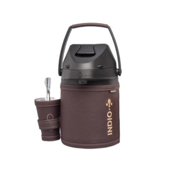 TERMO TERERE INDIO INOX 2.5 LTS. SIMIL CUERO PREMIUM MARRON CHOCOLATE + GUAMPA + BOMBILLA
