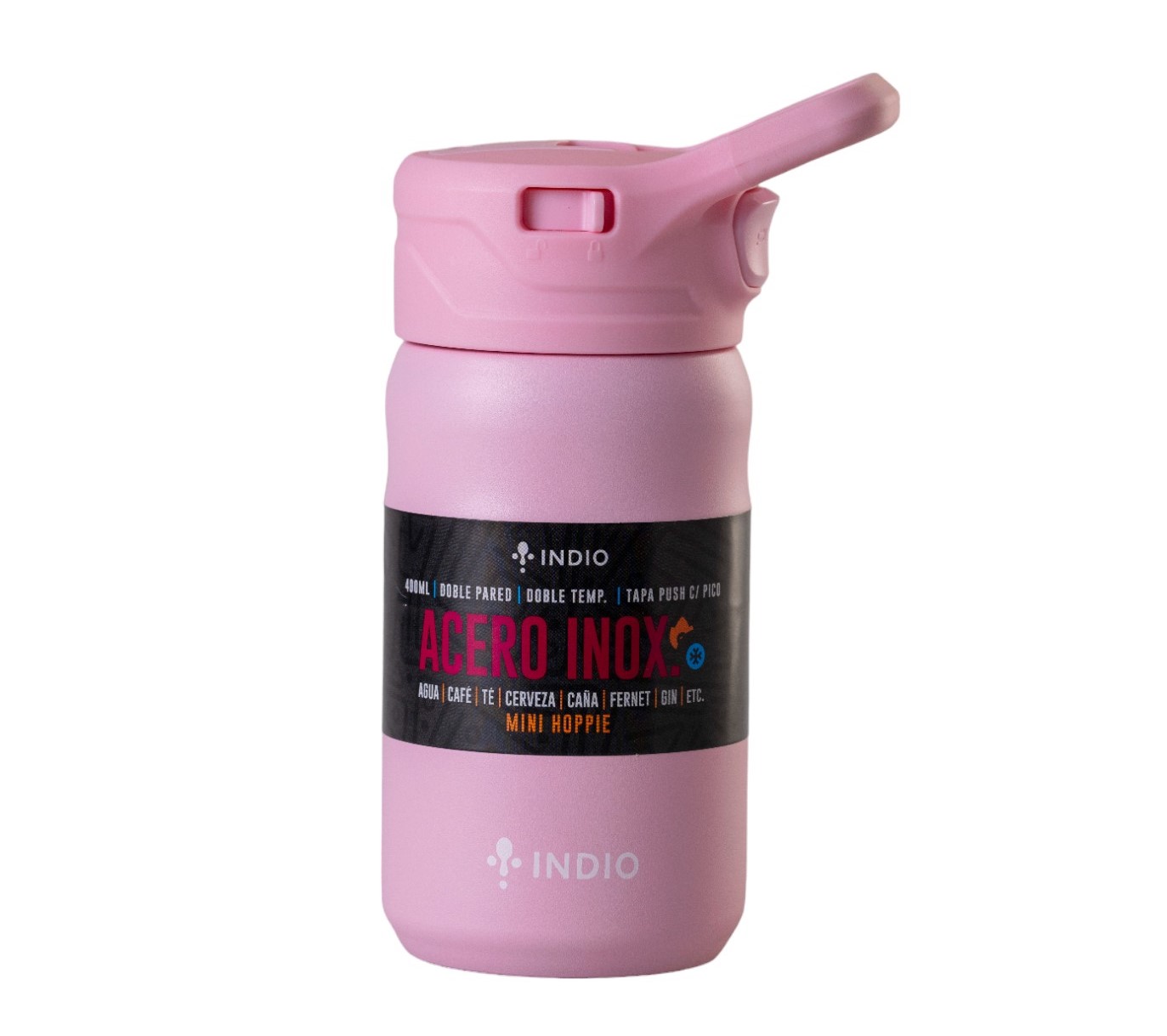 BOTELLA INDIO KIDS ACERO INOX. 400ML TAPA PUSH CON PICO ROSA